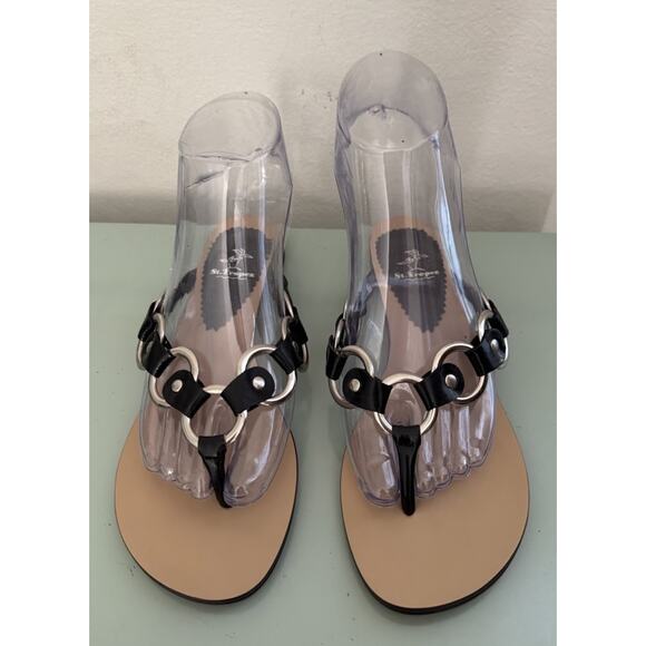 Vintage St Tropez Thong Sandals Sz 37 Vintage Y2K Black Metal Ring Chain Leather - Picture 4 of 4